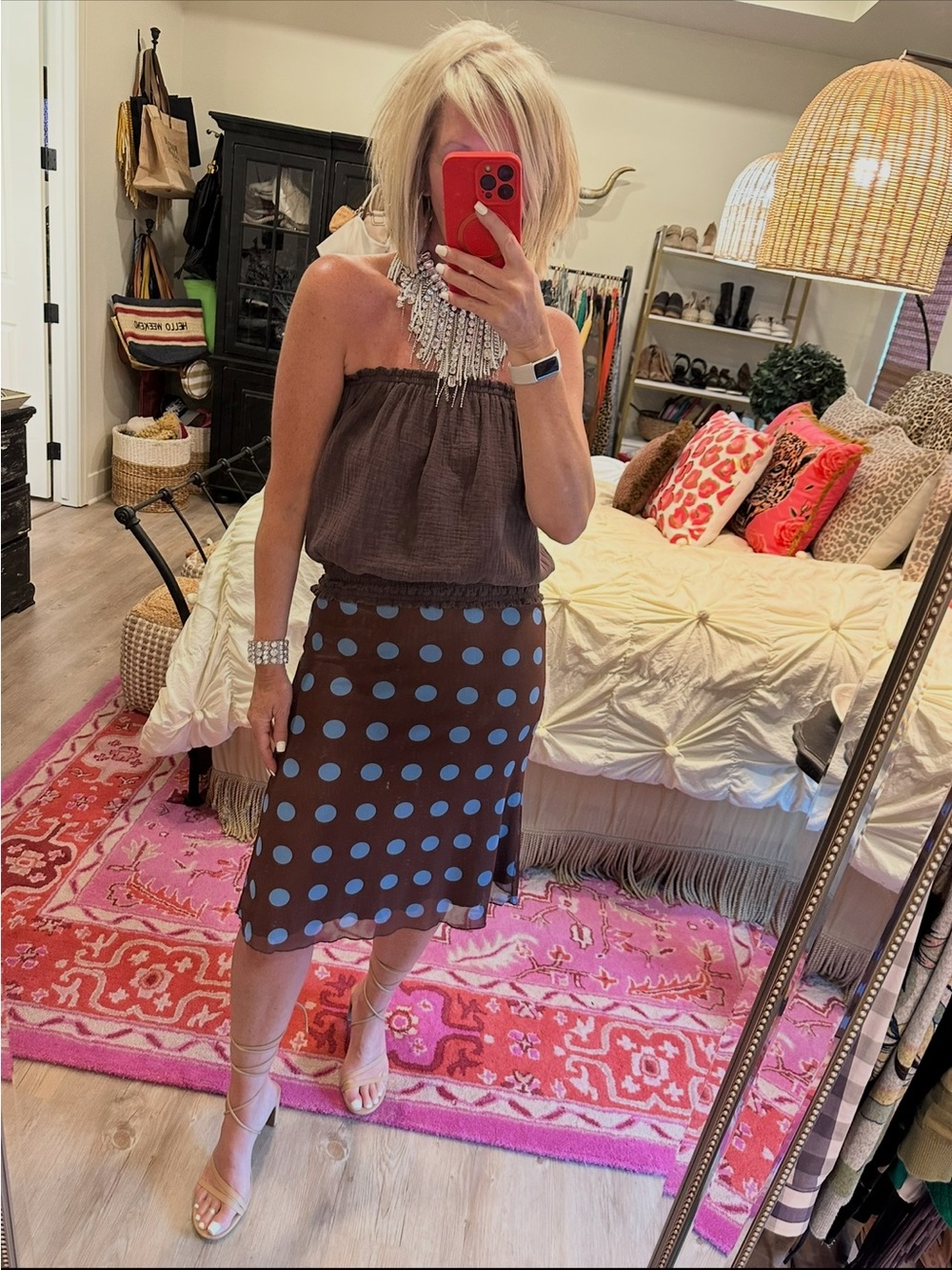 Brown Polka Dot Midi Skirt with Blue Dots